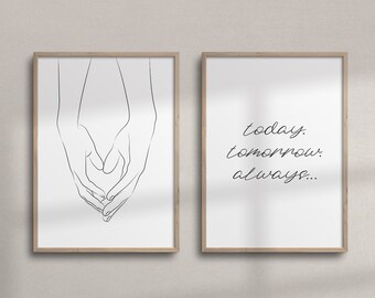 Set van 2 prints | Couple Hands lijntekeningen en typografie 'vandaag'. Morgen. Altijd' | Minimalistische muurkunst slaapkamer