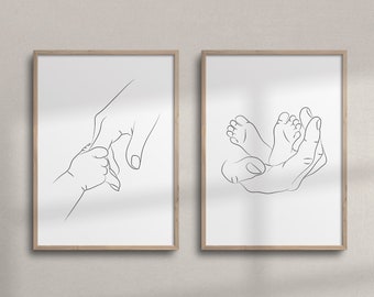 Set of 2 Family Wall Art | Mother and Father Holding Baby Hand and Feet | Printable Nursery Wall Art | Hand Line Drawing