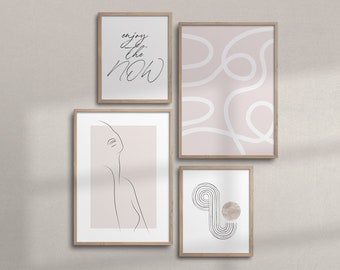 Printable Minimalist Gallery Wall Art Set of 4 | Light Pink Feminine Aesthetic Prints Bundle | Abstract Wall Art Set