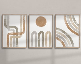 May include: Set of three abstract art prints with a minimalist design featuring brown, beige, and gray arches and circles on a white background.