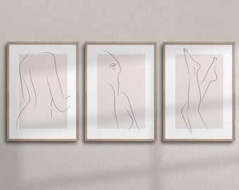 Arte lineal imprimible de cuerpo femenino (juego de 3) / Decoración estética de pared para dormitorio / Arte lineal minimalista abstracto de mujer desnuda
