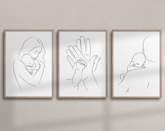 Set of 3 Wall Art | Mom & Dad Holding a Baby Line Art | Printable Family Hands Line Art | Minimalist Nursery Wall Decor