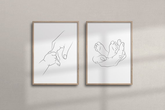 Set of 2 Family Wall Art | Mother and Father Holding Baby Hand and Feet | Printable Nursery Wall Art | Hand Line Drawing