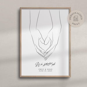 Dibujo personalizado de pareja tomados de la mano con nombres y fecha / Regalo de aniversario de bodas para esposa o esposo / Arte lineal minimalista para tarjetas