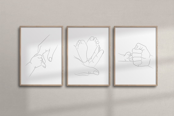 Set of 3 Wall Art | Mom & Dad Holding a Baby Line Art | Printable Family Hands Line Art | Minimalist Nursery Wall Decor
