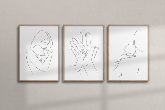 Set of 3 Wall Art | Mom & Dad Holding a Baby Line Art | Printable Family Hands Line Art | Minimalist Nursery Wall Decor