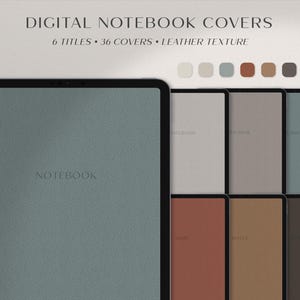May include: Digital notebook covers with a leather texture in various colors, including blue, gray, brown, and red. The covers feature the word "NOTEBOOK" in white text.