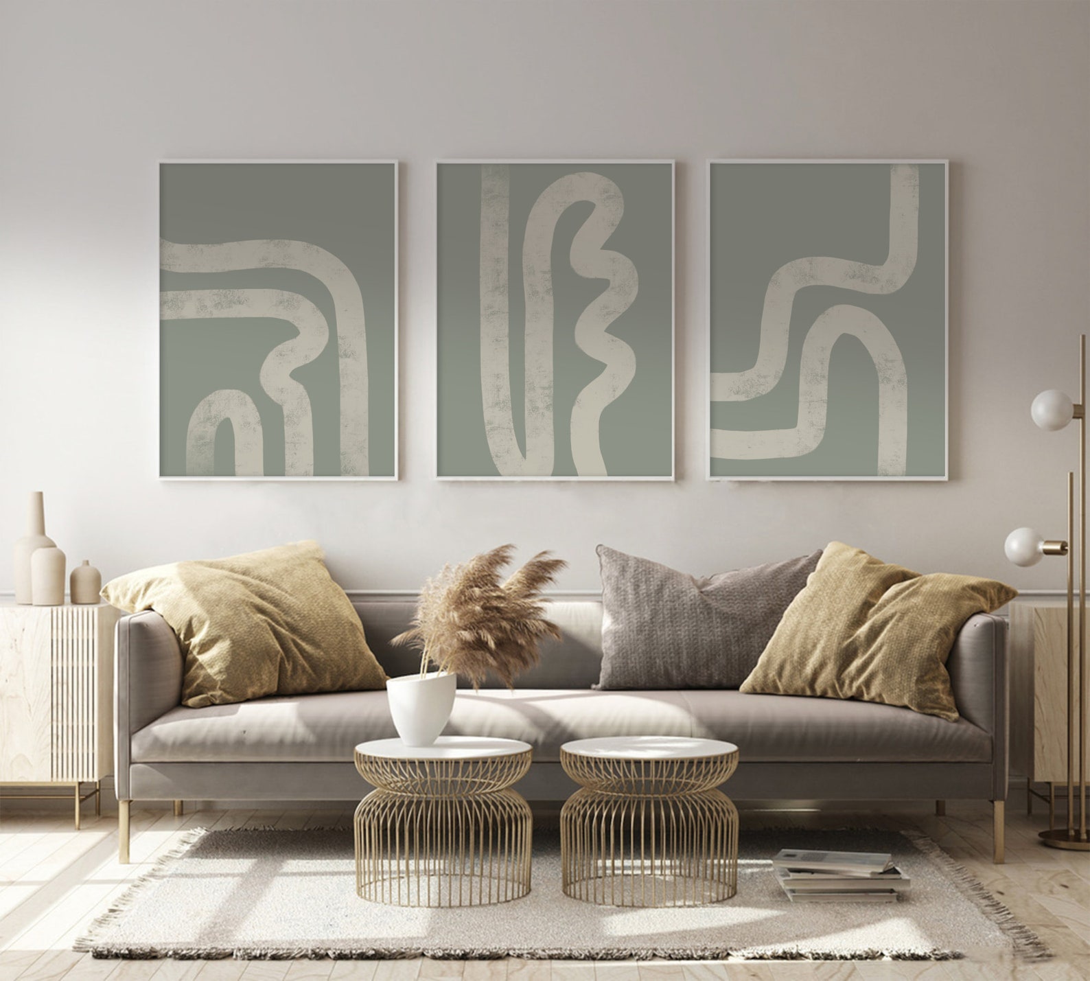 Printable Sage Green Abstract Wall Art Set of 3 | Abstract Line Wall ...