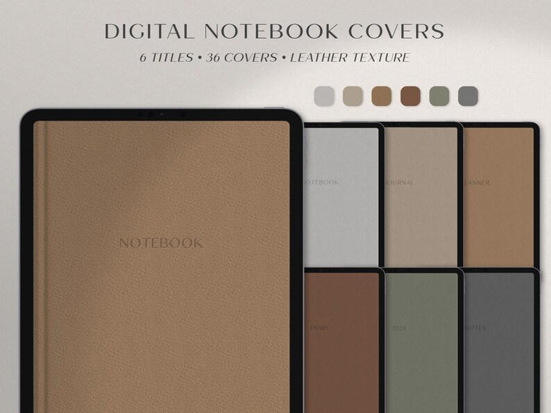 Op de afbeelding: Zes digitale notitieboekomslagen met een lederen textuur. De omslagen zijn in verschillende kleuren, waaronder bruin, grijs en groen. De tekst "NOTEBOOK" wordt op de omslag in het midden van de afbeelding weergegeven.