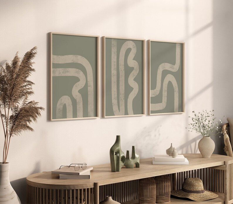Printable Sage Green Abstract Wall Art Set of 3 | Abstract Line Wall ...