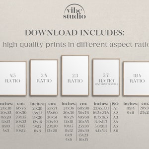 Puede incluir: Una descarga digital de 15 impresiones de arte imprimibles en diferentes proporciones, incluyendo 4:5, 3:4, 2:3, 5:7 y 11:14. La imagen muestra las diferentes proporciones con las medidas correspondientes en pulgadas y cent&iacute;metros.