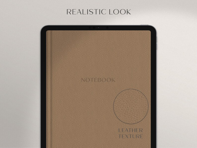 Op de afbeelding: Een bruin lederen notitieboek met het woord "NOTEBOOK" erop gegraveerd. Het notitieboek heeft een cirkel die de lederen textuur laat zien en de woorden "LEATHER TEXTURE" eronder.