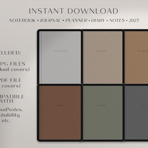 Op de afbeelding: Een set van zes verschillende digitale planner-covers. De covers zijn in grijstinten, bruin en groen. De tekst op de covers luidt "Notebook", "Journal", "Planner", "Diary", "Notes" en "2025".