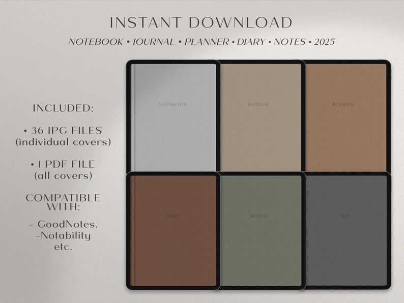 Op de afbeelding: Een set van zes verschillende digitale planner-covers. De covers zijn in grijstinten, bruin en groen. De tekst op de covers luidt "Notebook", "Journal", "Planner", "Diary", "Notes" en "2025".