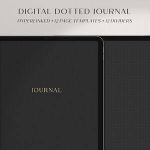 以下が含まれることがあります： iPadの画面に表示されているデジタルジャーナルアプリ。アプリは黒い表紙で、「JOURNAL」という文字が金色の文字で書かれています。アプリには12ページと12個の仕切りがあります。アプリはハイパーリンクされています。