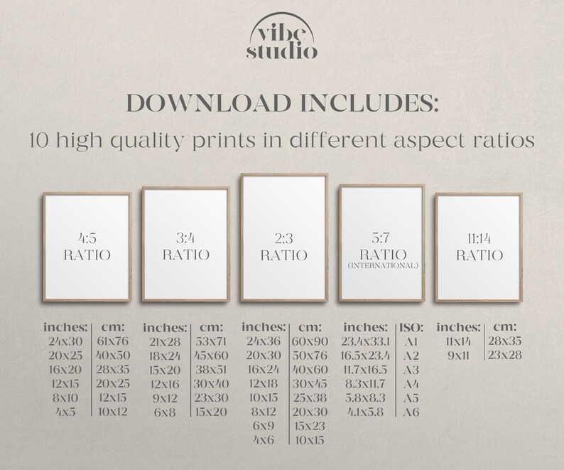Puede incluir: Imagen con el texto "vibe studio" y "DOWNLOAD INCLUDES: 10 high quality prints in different aspect ratios." La imagen muestra cinco impresiones enmarcadas con tablas de tallas en pulgadas y cm. Los tama&ntilde;os var&iacute;an de 10x12 cm a 61x76 cm.