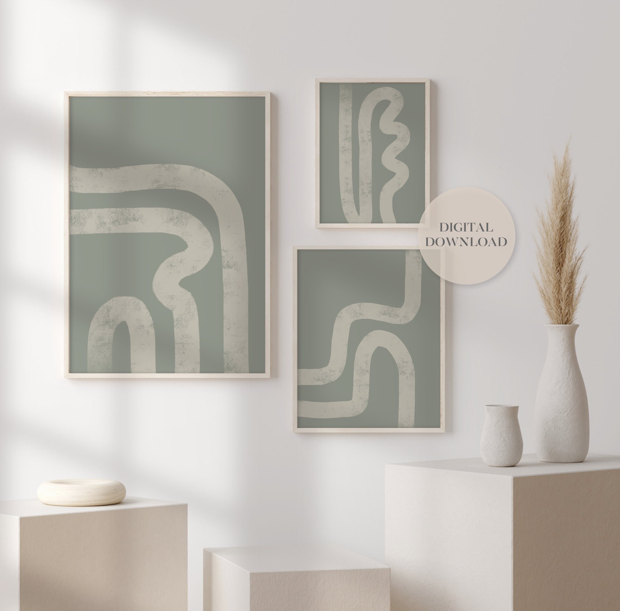 Printable Sage Green Abstract Wall Art Set of 3 | Abstract Line Wall ...