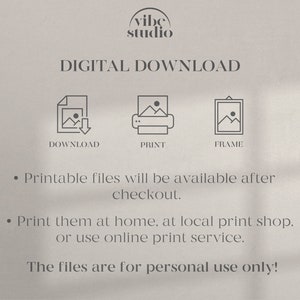 Puede incluir: Instrucciones de descarga digital para archivos imprimibles. El texto dice "Los archivos imprimibles estar&aacute;n disponibles despu&eacute;s de la compra. Impr&iacute;malos en casa, en una tienda de impresi&oacute;n local o utilice un servicio de impresi&oacute;n en l&iacute;nea. Los archivos son para uso personal &uacute;nicamente!"