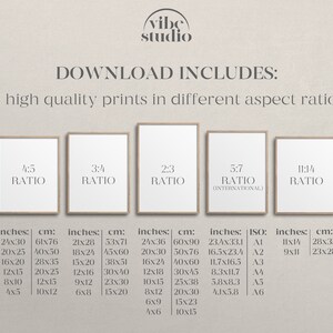 Puede incluir: Una descarga digital de 15 impresiones de arte imprimibles en diferentes proporciones, incluyendo 4:5, 3:4, 2:3, 5:7 y 11:14. La imagen muestra las diferentes proporciones con las medidas correspondientes en pulgadas y cent&iacute;metros.