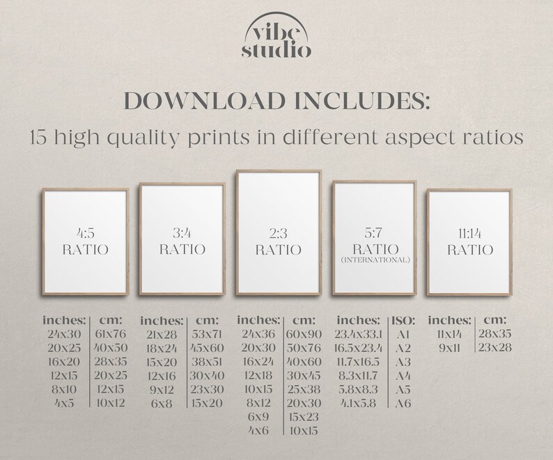 Puede incluir: Una descarga digital de 15 impresiones de arte imprimibles en diferentes proporciones, incluyendo 4:5, 3:4, 2:3, 5:7 y 11:14. La imagen muestra las diferentes proporciones con las medidas correspondientes en pulgadas y cent&iacute;metros.