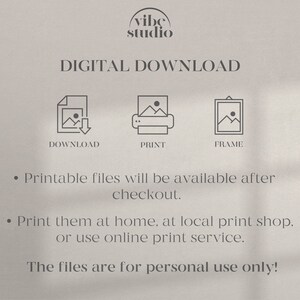 Puede incluir: Instrucciones de descarga digital para archivos imprimibles. El texto dice "Los archivos imprimibles estar&aacute;n disponibles despu&eacute;s de la compra. Impr&iacute;malos en casa, en una tienda de impresi&oacute;n local o utilice un servicio de impresi&oacute;n en l&iacute;nea. Los archivos son para uso personal &uacute;nicamente!"