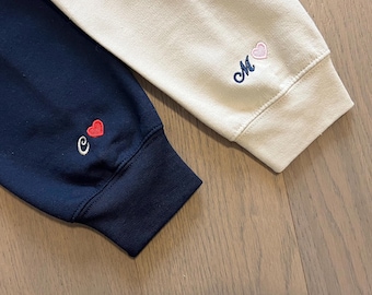 Custom Embroidered Initial Sweatshirt, Initial On Sleeve, Anniversary Gift, Personalized Couple Shirt, Cursive Initial Hoodie, Mother’s Day