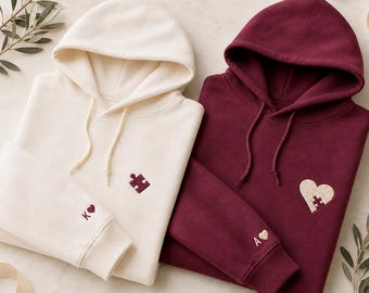 Custom Embroidered Heart and Puzzle Piece Sweatshirt, Couple Hoodie, Initial heart on sleeve, Anniversary Gift, Father's Day Gift