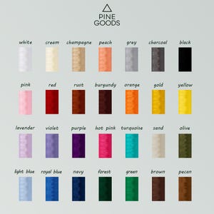 May include: A color chart of embroidery floss with 24 different colors, including white, cream, champagne, peach, grey, charcoal, black, pink, red, rust, burgundy, orange, gold, yellow, lavender, violet, purple, hot pink, turquoise, sand, olive, light blue, royal blue, navy, forest, green, brown, and pecan.