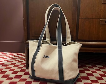 Vintage 90s LL Bean Boat and Tote Bag Navy Blue Canvas Capital N