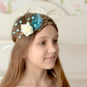 Blue feather crown rustic head wreath branches head piece fairy woodland crown bridal forest hair accessory blue headband Boho image 3