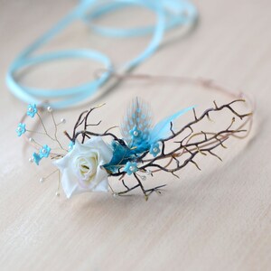 Blue feather crown rustic head wreath branches head piece fairy woodland crown bridal forest hair accessory blue headband Boho image 2