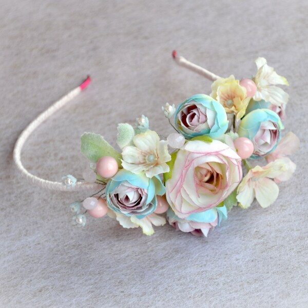 Pastel wedding flower crown Bridal floral headband Pink  blue Bridal headpiece  ranunkulyus  hair Flower wreath Boho  wedding halo