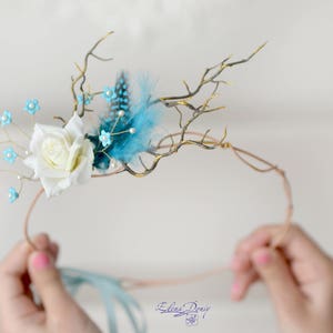 Blue feather crown rustic head wreath branches head piece fairy woodland crown bridal forest hair accessory blue headband Boho image 4
