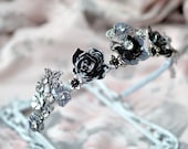 Bridal crown Silver Black wedding tiara Black roses headpiece Fairy Black Queen Festive hair accessory Bohemian rhinestones crown Dark Queen