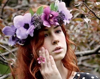 Boho wedding wreath Bridal Flower crown Orchid flower hair Wedding Purple floral headband Anemone floral crown Woodland wedding head wreath