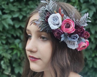 Fall wedding burgundy crown, Burgundy boutonniere, Marsala floral hair piece, Boho wedding, Gray burgundy flower headpiece bridesmaid