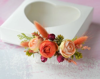 Orange flower hair comb Coral floral head piece Dried flower hair Bide flower hair piece Woodland comb Wedding flower accessory hair
