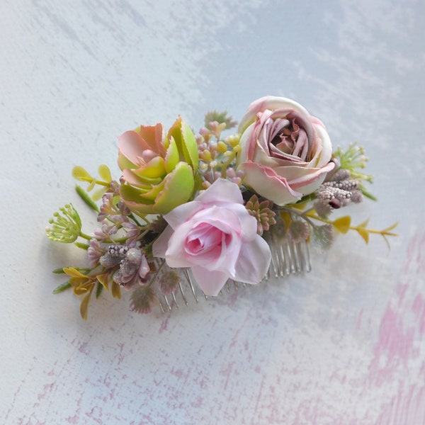 Pink succulent flower comb Blush Pink floral comb Succulent wedding hair piece Bridal hair comb succulents accessories Bride