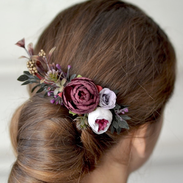 Purple burgundy flower comb Bride hair piece Burgundy hair comb Floral hair clip wedding hair accessories flowers prom hair comb succulent