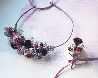 Purple burgundy flower crown Bridal set crown boutonniere Burgundy floral hair piece Woodland halo boutonniere Prom hair wreath purple