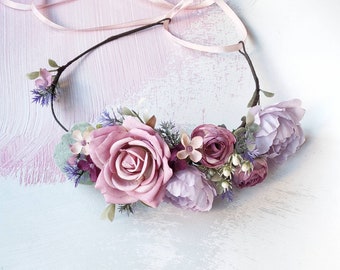 Purple lilac lavender flower crown, Wedding floral headband, Bridal floral crown, Flower crown adult, Mauve rose crown