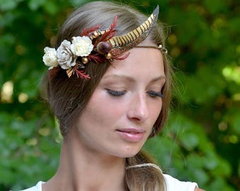 Flower crown Burlap head wreath Boho hair accessory acorn crown Woodland wedding halo Boho bridal crown Forest Head piece Feather headband