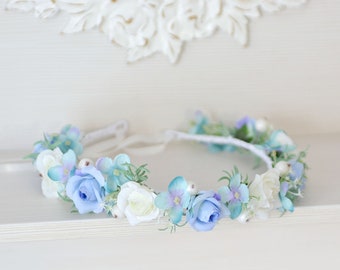 Blu fiore ragazza corona Rose Fascia di nozze fiore Corona floreale blu damigelle copricapo blu fiore bianco corona
