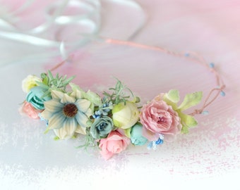 Blue pink flower crown Wedding floral head piece Flower girl crown fake flowers halo Bride crown Pink Blue flower headband prom