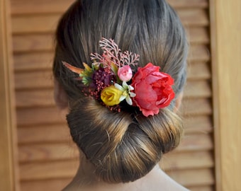 Coral yellow burgundy hair comb, Fall flower comb, Coral burgundy floral hair clip, Wedding flower hair piece, Peony fascinator