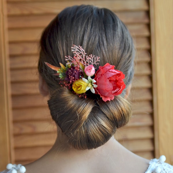 Coral yellow burgundy hair comb, Fall flower comb, Coral burgundy floral hair clip, Wedding flower hair piece, Peony fascinator