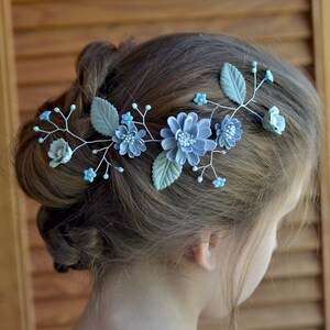 Blue flower crown, Blue Wedding hair vine, Bridal head piece, Hair vine head back, Bride crown blue, Wedding floral pearl crown romantic