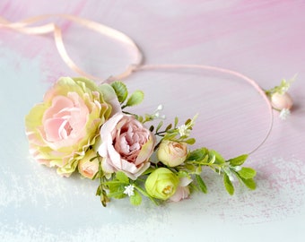 Boho wedding flower crown Blush pink floral headband Bride flower crown adult Flower hairband Greenery flowers hair Wedding flower headpiece