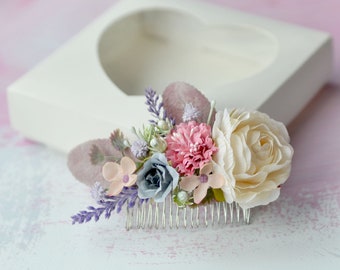 Pastel wedding flower comb, Bridal shower hair ccomb, Wedding hair comb pastel, Artificial floral comb, Bride hair accessory, Cream flower