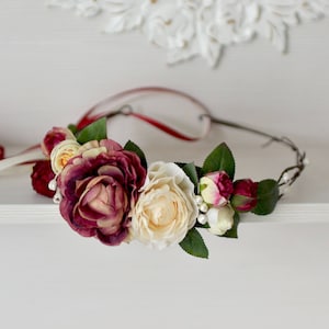Burgundy ivory flower crown Bridal halo Wedding flower head wreath Burgundy Bridal crown Boho Halo flower fake wedding flowers hair Bride